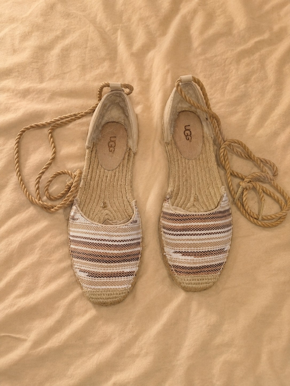 UGG Women’s Beige Striped Espadrille Lace-Up Flats